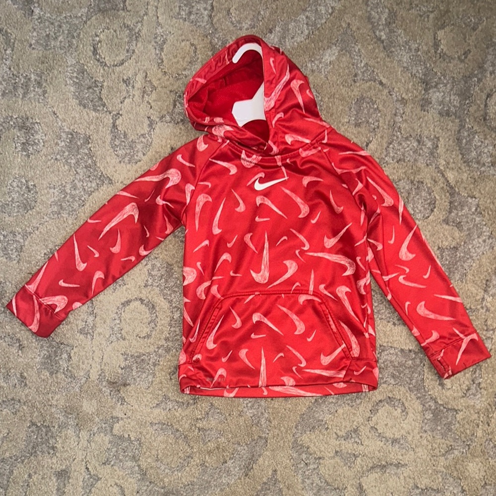 Nike Red Kids Hoodie with White Swoosh Pattern